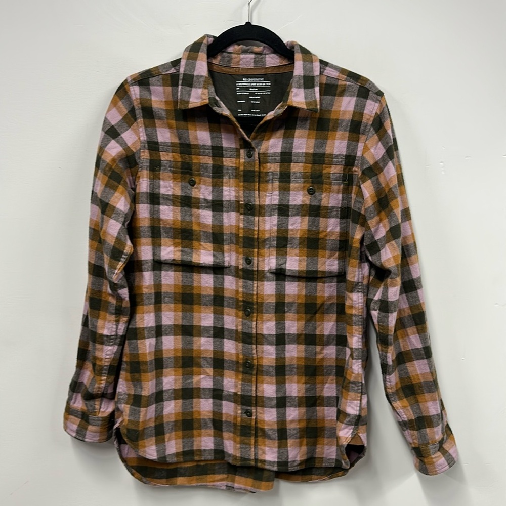 REI pink orange green brushed cotton plaid shirt M